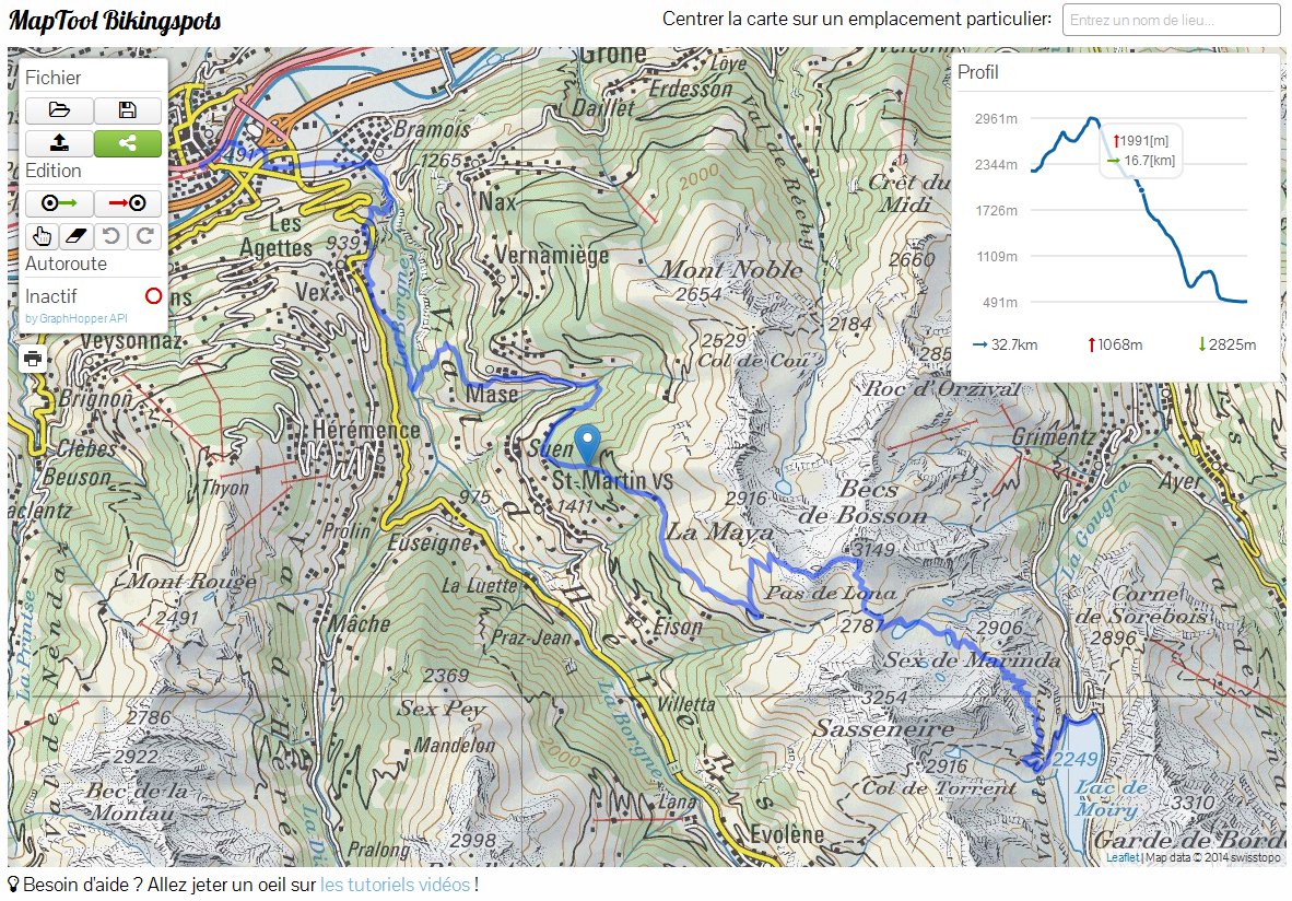MapTool Bikingspots.ch - Exemple de parcours sur fond de carte SWISSTOPO